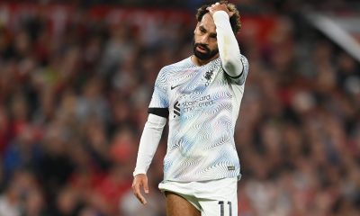 Mohamed Salah of Liverpool looks dejected in the match against Manchester United.