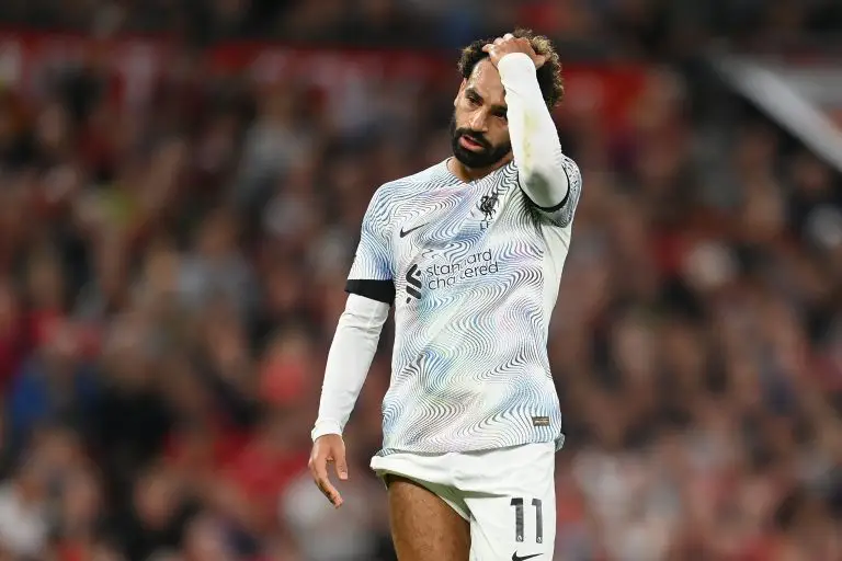 Mohamed Salah of Liverpool looks dejected in the match against Manchester United.