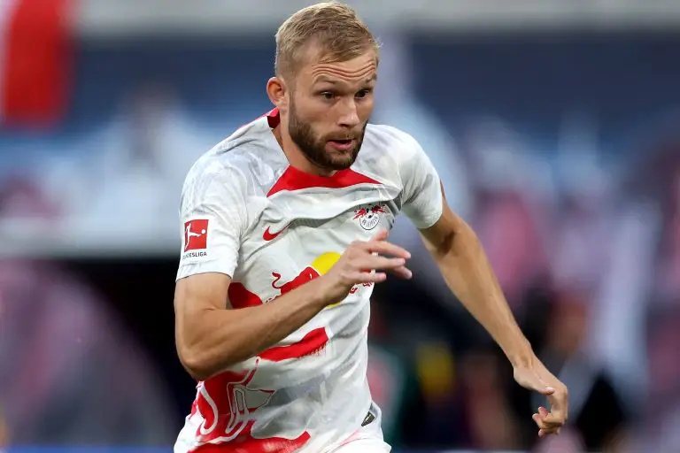 Konrad Laimer of Leipzig runs with the ball.