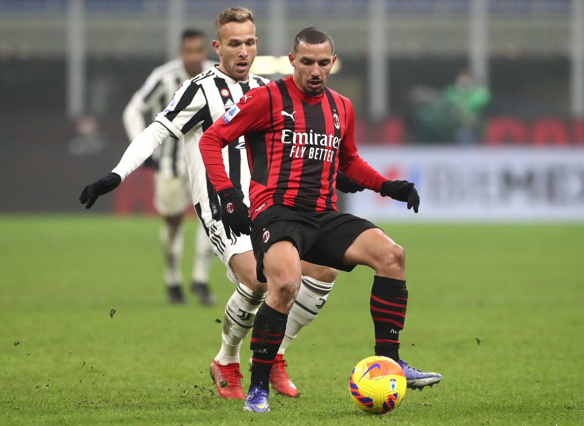 Melo Arthur of Juventus FC is challenged by Ismael Bennacer of AC Milan. 