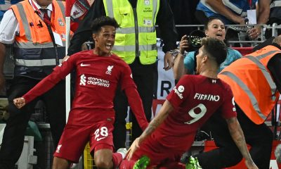Fabio Carvalho celebrates with Roberto Firmino afters coring the winner for Liverpool against Newcastle United.