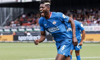 Ibrahim Sangare celebrates a goal for PSV Eindhoven.