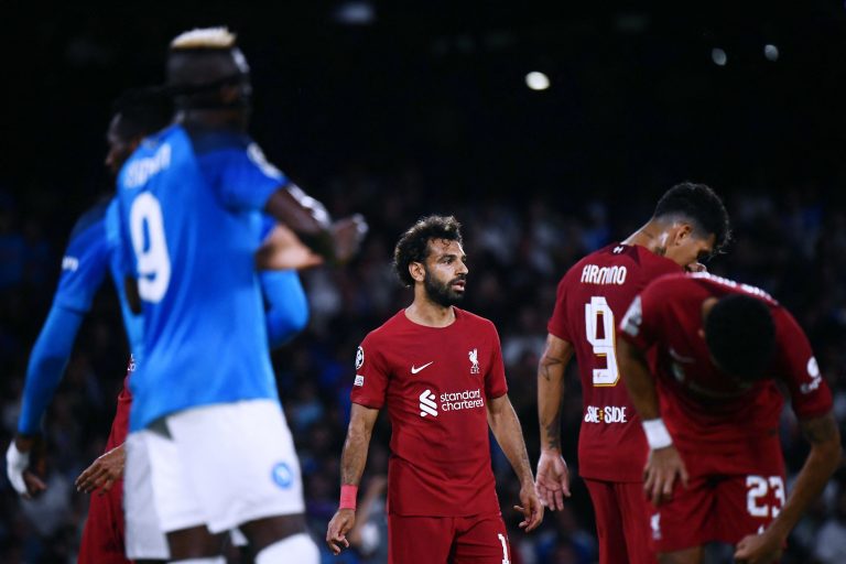 Mohamed Salah was very poor in Liverpool's loss against Napoli. (Photo by Filippo MONTEFORTE / AFP) (Photo by FILIPPO MONTEFORTE/AFP via Getty Images)