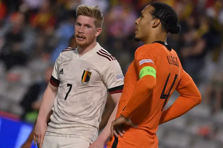 Virgil van Dijk of the the Netherlands with Kevin de Bruyne of Belgium. (