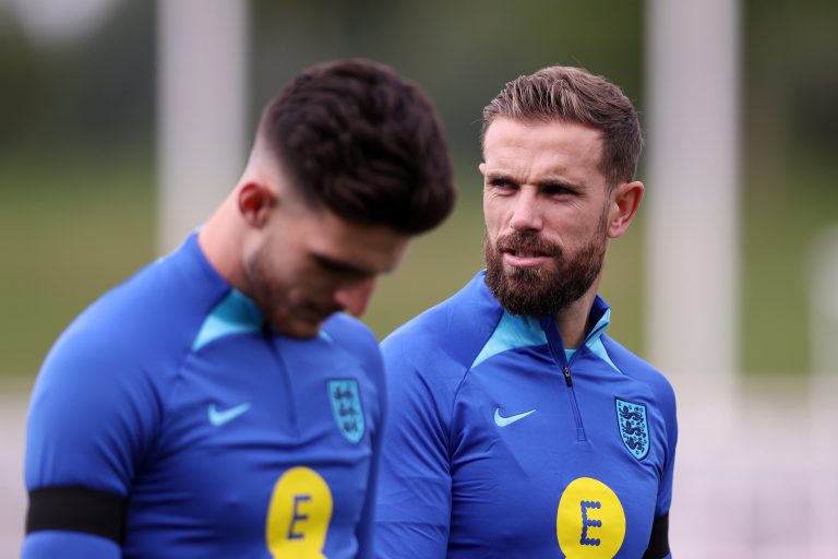 Jordan Henderson of England looks on during a training session at St George's Park. (