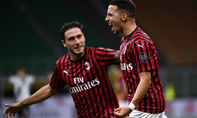 Ismael Bennacer celebrates a goal for AC Milan with Davide Calabria.