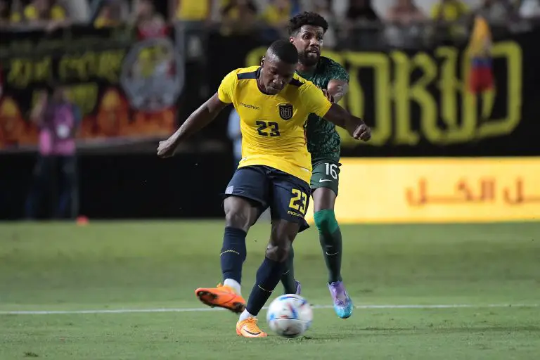 Moises Caicedo of Ecuador in action for Ecuador against Saudi Arabia in an international friendly.