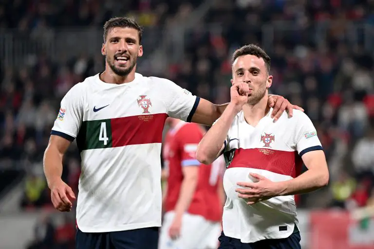 Diogo Jota of Portugal celebrates scoring a goal with Ruben Dias of Manchester City against Czech Republic.