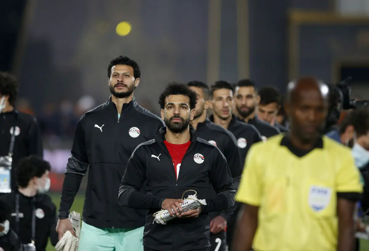 Mohamed Salah of Egypt leads out his side prior to a FIFA World Cup Qatar 2022 qualification match against Senegal.