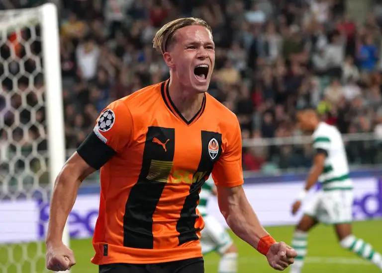 Mykhailo Mudryk celebrates scoring for Shakhtar Donetsk.