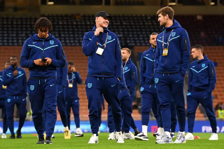 Trent Alexander-Arnold, Aaron Ramsdale and John Stones of England before a UEFA Nations League clash against Italy. (Photo by Claudio Villa/Getty Images)