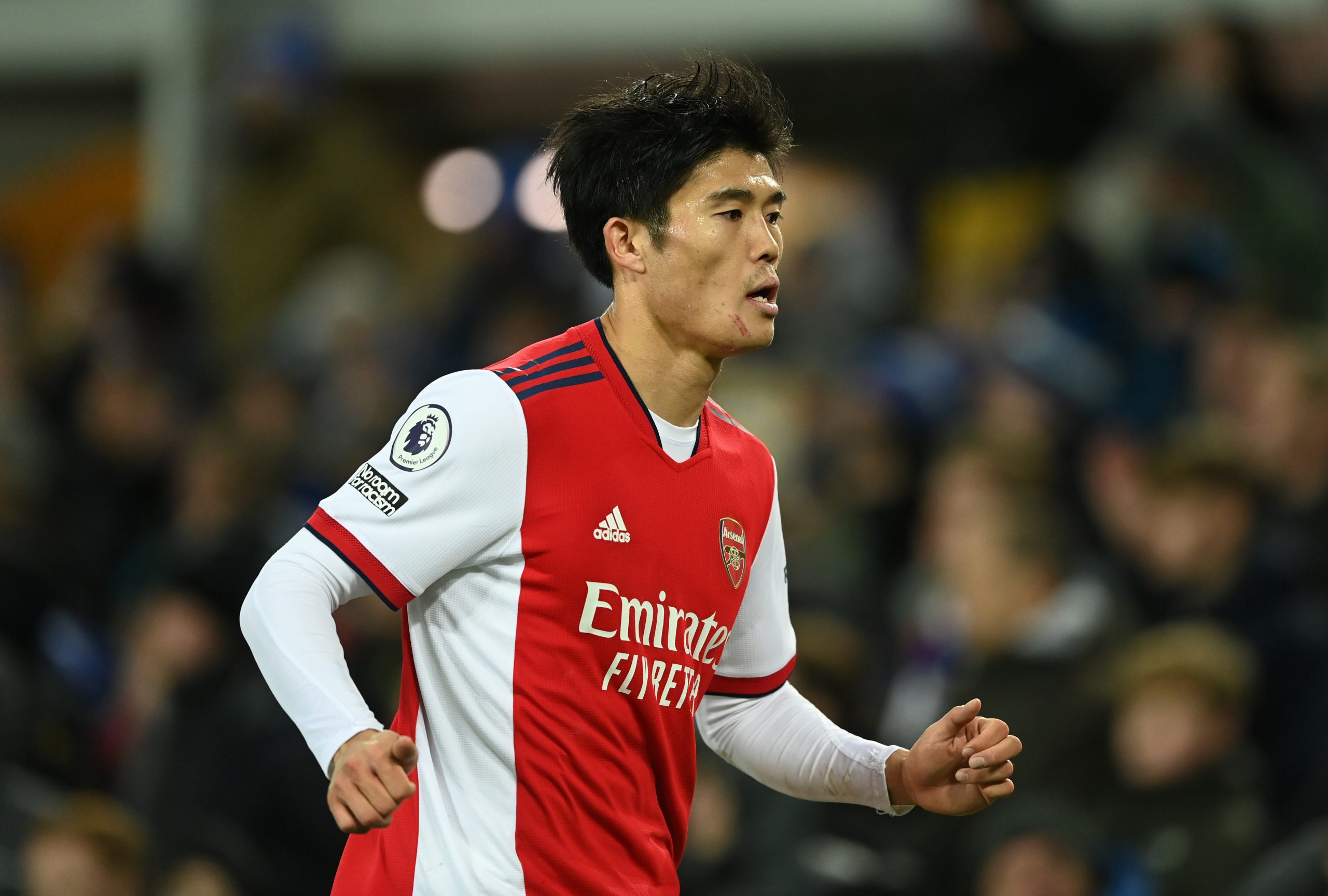 Takehiro Tomiyasu of Arsenal in action against Everton. (Photo by Gareth Copley/Getty Images)