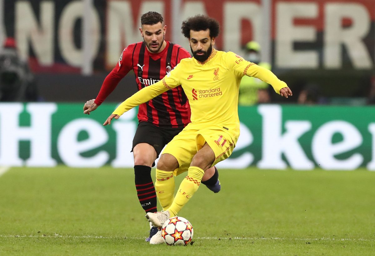 Mohamed Salah of Liverpool battles for possession with Theo Hernandez of AC Milan during a Champions League game in 2021. (Photo by Marco Luzzani/Getty Images)