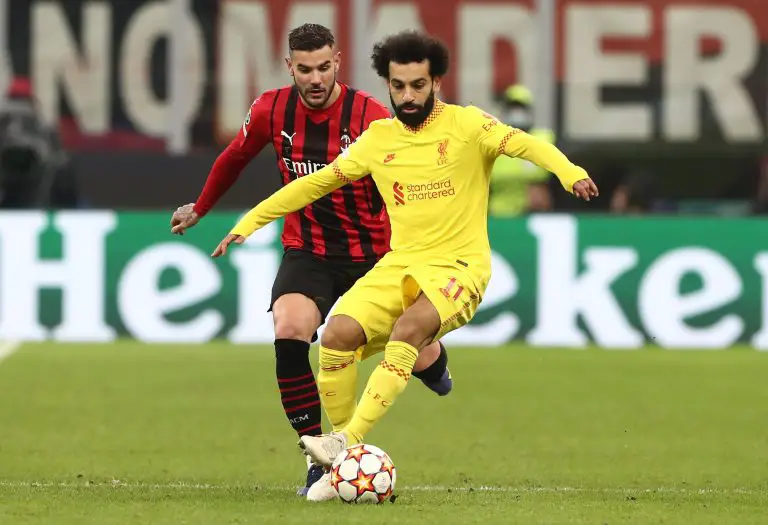 Mohamed Salah of Liverpool battles for possession with Theo Hernandez of AC Milan during a Champions League game in 2021. (Photo by Marco Luzzani/Getty Images)