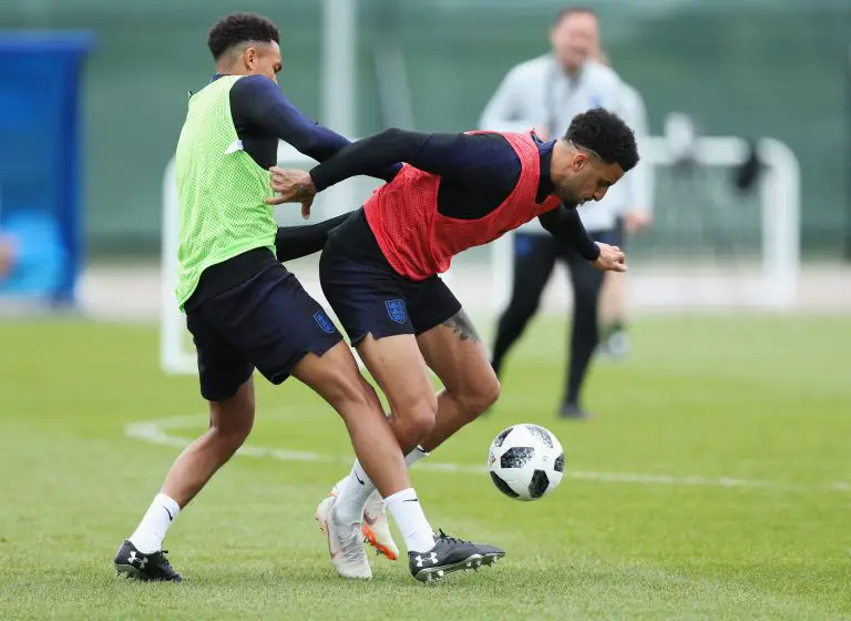 Kyle Walker and Trent Alexander-Arnold of England in action during a training session.