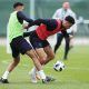 Kyle Walker and Trent Alexander-Arnold of England in action during a training session.