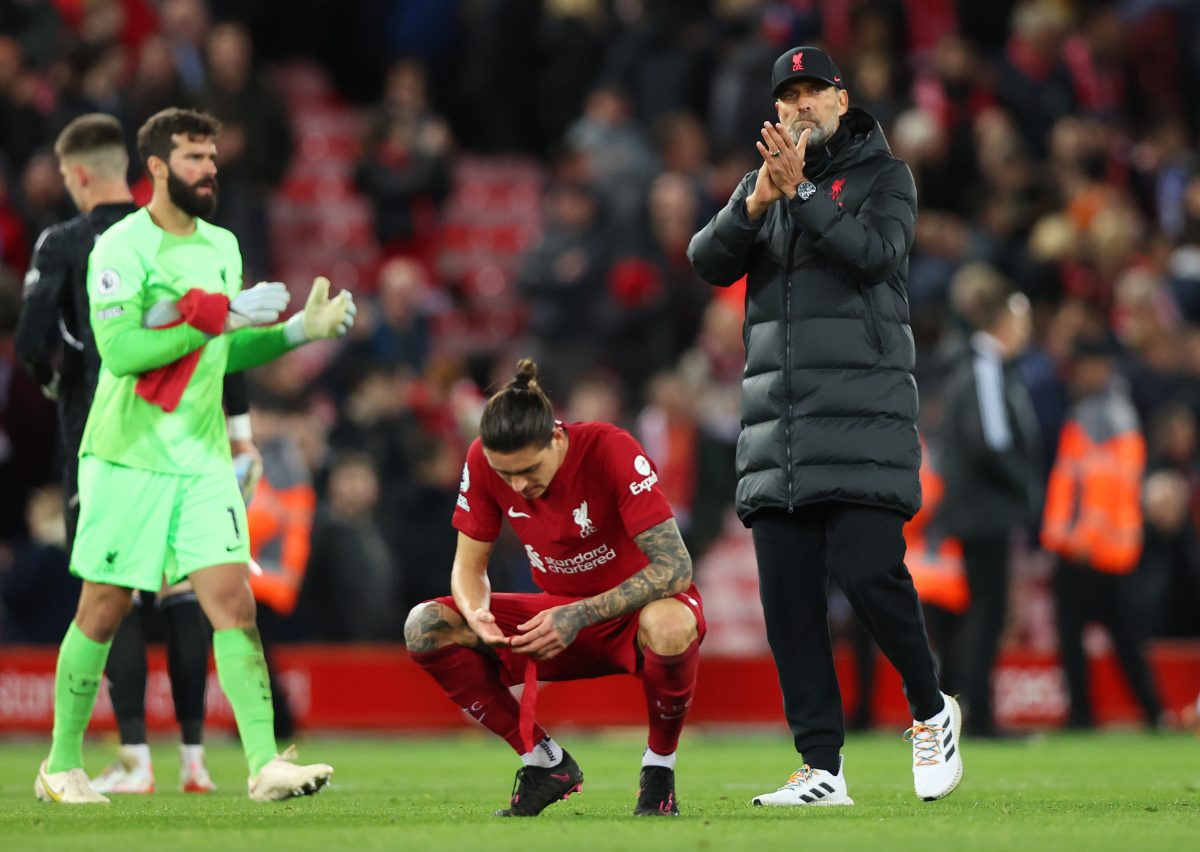 Jurgen Klopp of Liverpool with Darwin Nunez and Alisson Becker after the loss against Leeds United. (Photo by Nathan Stirk/Getty Images)