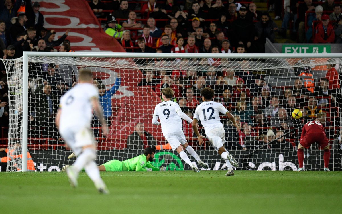 Alisson Becker of Liverpool watches Crysencio Summerville (not in photo) scores Leeds United's winner at Anfield in October 2022