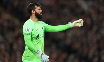 Alisson Becker of Liverpool in action against Leeds United. (Photo by Nathan Stirk/Getty Images)