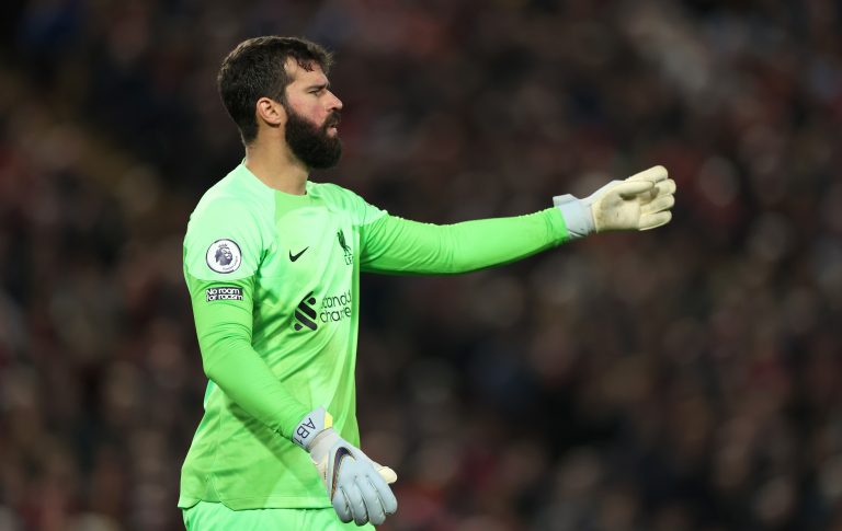 Alisson Becker of Liverpool in action against Leeds United. (Photo by Nathan Stirk/Getty Images)