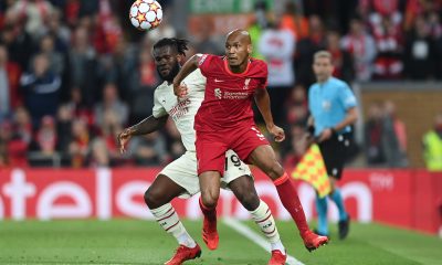 Franck Kessie of AC Milan in action against Fabinho Tavares of Liverpool during a UEFA Champions League group stage game in September 2021.