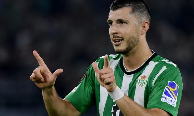 Real Betis' Guido Rodriguez celebrates after scoring against AS Roma. (Photo by FILIPPO MONTEFORTE/AFP via Getty Images)