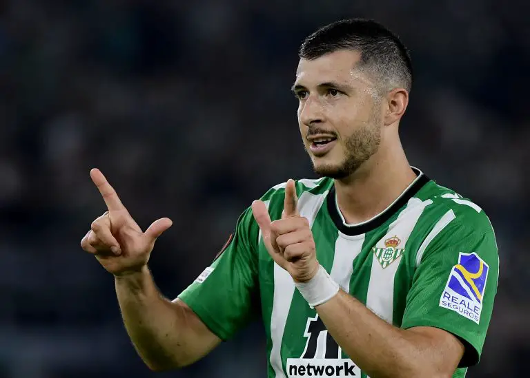 Real Betis' Guido Rodriguez celebrates after scoring against AS Roma. (Photo by FILIPPO MONTEFORTE/AFP via Getty Images)