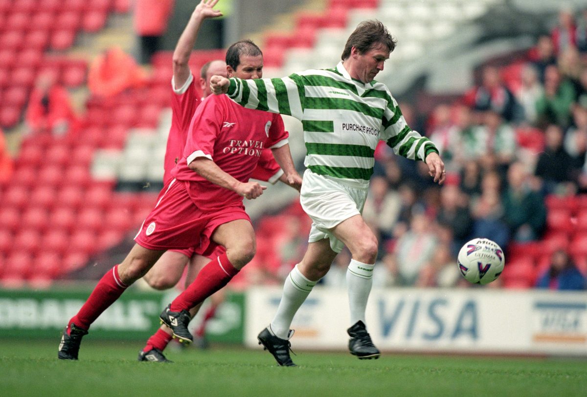 Sir Kenny Dalglish plays for Celtic in 2000 for a Ronnie Moran testimonial match against Liverpool. 