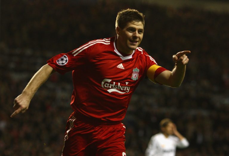 Steven Gerrard celebrates after scoring for Liverpool against Real Madrid.