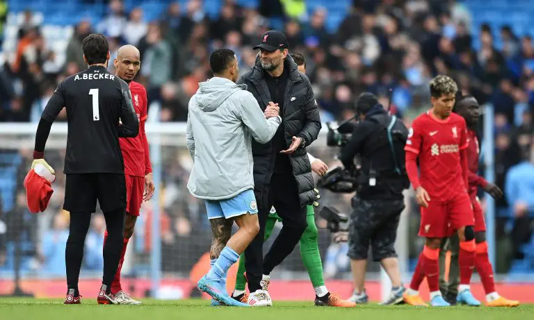 Jurgen Klopp, of Liverpool interacts with Gabriel Jesus of Manchester City after a Premier League match in April 2022.