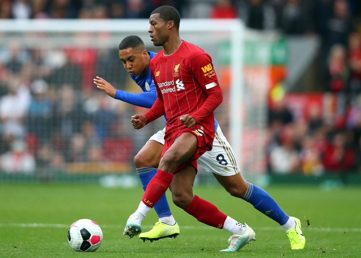 Georginio Wijnaldum of Liverpool is challenged by Youri Tielemans of Leicester City during a Premier League match in October 2019.