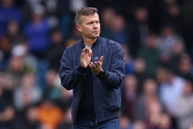 Jesse Marsch, Manager of Leeds United, applauds the fans following the Premier League match between Leeds United and Fulham FC at Elland Road on October 23, 2022 in Leeds, England