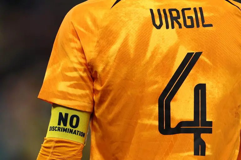 A detailed view of the shirt and No Discrimination captain armband worn by Virgil van Dijk of Netherlands against Senegal. (Photo by Dean Mouhtaropoulos/Getty Images)