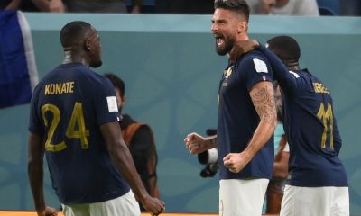Olivier Giroud celebrates scoring for France with Ibrahima Koante (L) and Ousmane Dembele (R). (Photo by FRANCK FIFE/AFP via Getty Images)