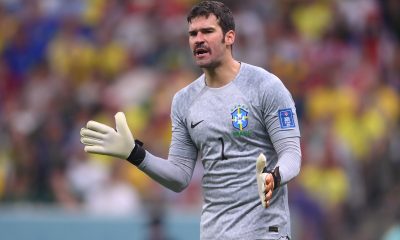 Alisson Becker of Liverpool looks on during the FIFA World Cup Qatar 2022 Group G match between Brazil and Serbia. (Photo by Laurence Griffiths/Getty Images)