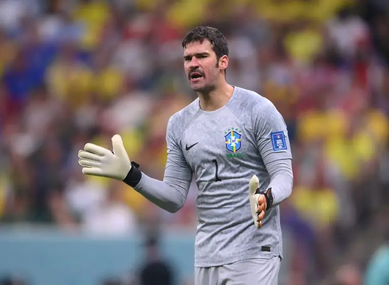 Alisson Becker of Liverpool looks on during the FIFA World Cup Qatar 2022 Group G match between Brazil and Serbia. (Photo by Laurence Griffiths/Getty Images)