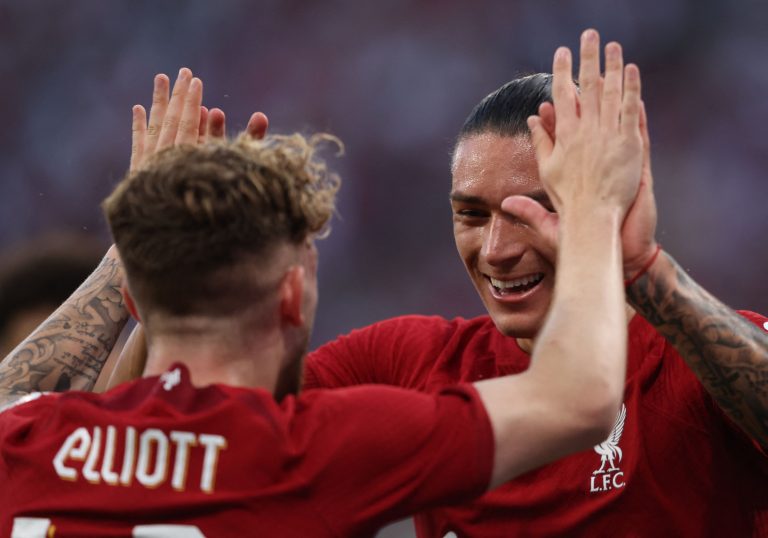 Liverpool's Darwin Nunez celebrates with Harvey Elliott.