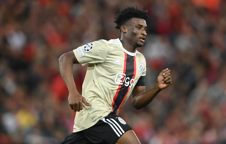 Ajax midfielder Mohammed Kudus in action against Liverpool. (Photo by Stu Forster/Getty Images)