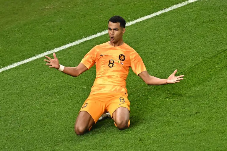 The Netherlands' Cody Gakpo celebrates scoring a goal at the 2022 FIFA World Cup. (Photo by MANAN VATSYAYANA/AFP via Getty Images)