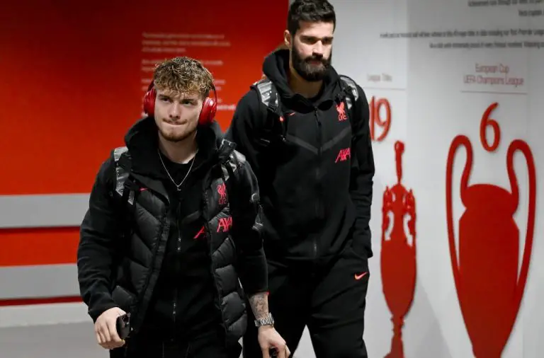 Harvey Elliott and Alisson Becker.