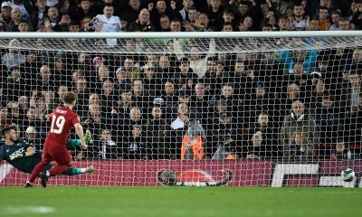 Harvey Elliott scores the winning penalty for Liverpool vs Derby County. (Photo by OLI SCARFF/AFP via Getty Images)
