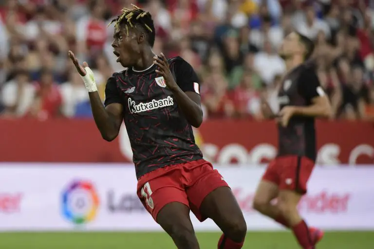 Nico Williams in action for Athletic Bilbao. (Photo by CRISTINA QUICLER/AFP via Getty Images)