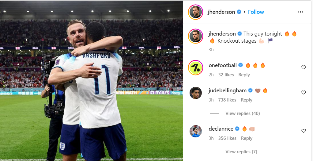 Henderson praises Marcus Rashford (via @jhenderson on Instagram)