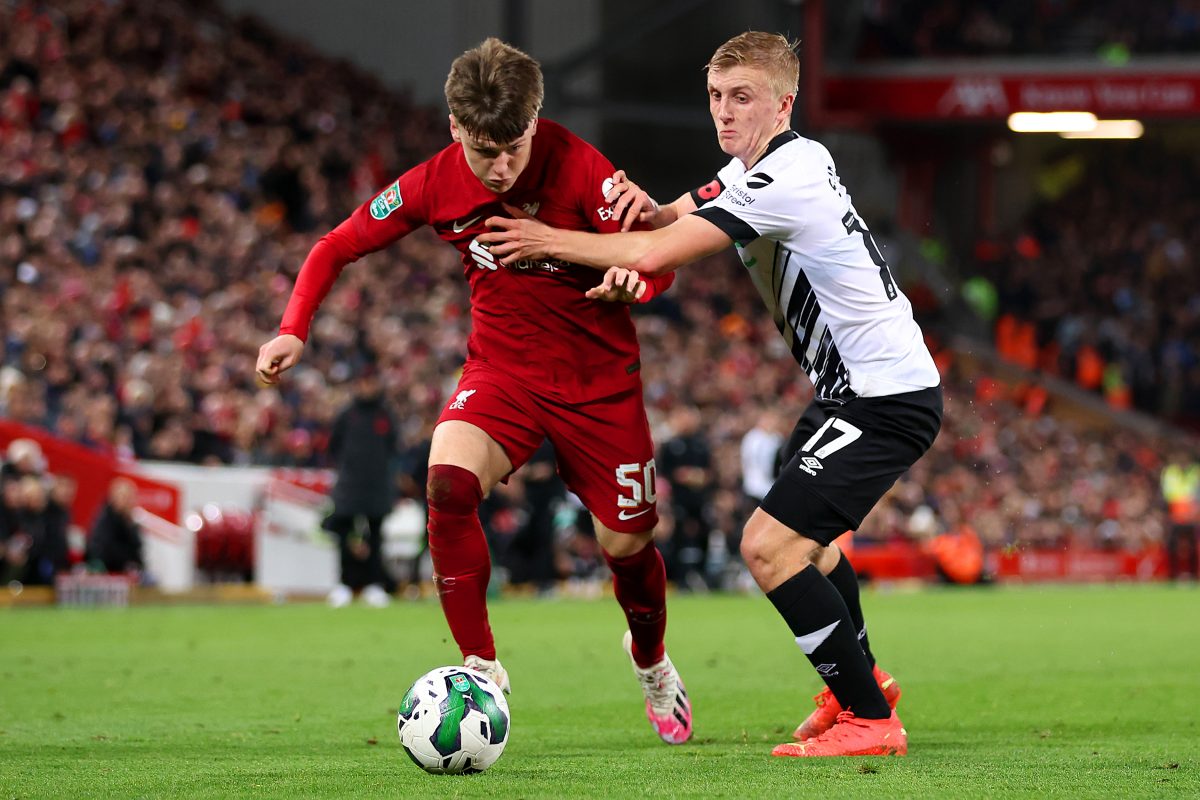 Ben Doak of Liverpool is challenged by Louie Sibley of Derby County during the Carabao Cup Third Round match between Liverpool and Derby County at Anfield on November 09, 2022 in Liverpool, England