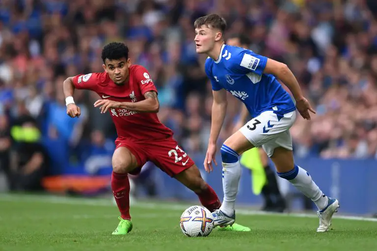 Nathan Patterson of Everton is challenged by Luis Diaz of Liverpool.