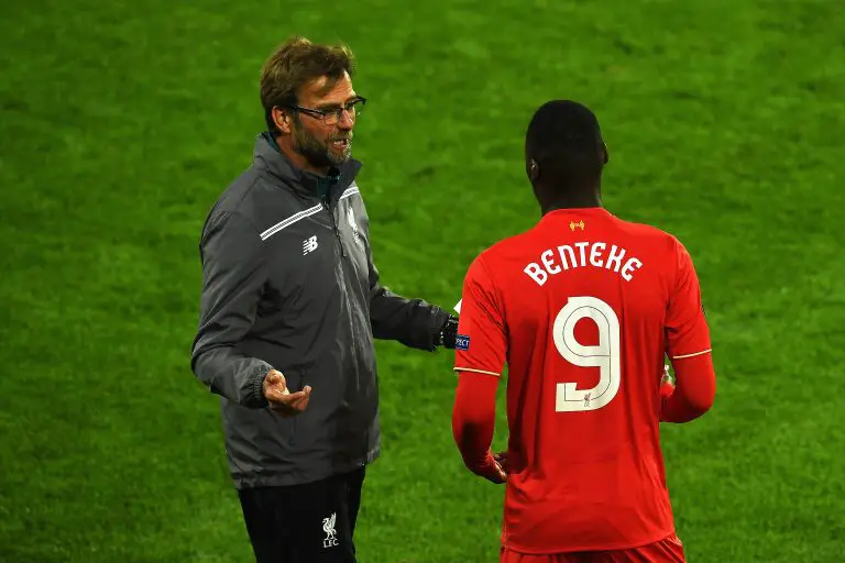 Christian Benteke with Liverpool manager, Jurgen Klopp. (Photo by Dennis Grombkowski/Getty Images)