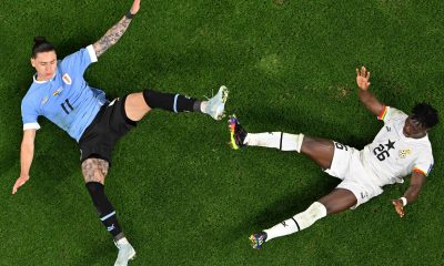 Uruguay's Darwin Nunez reacts after being tackled by Ghana's Alidu Seidu.