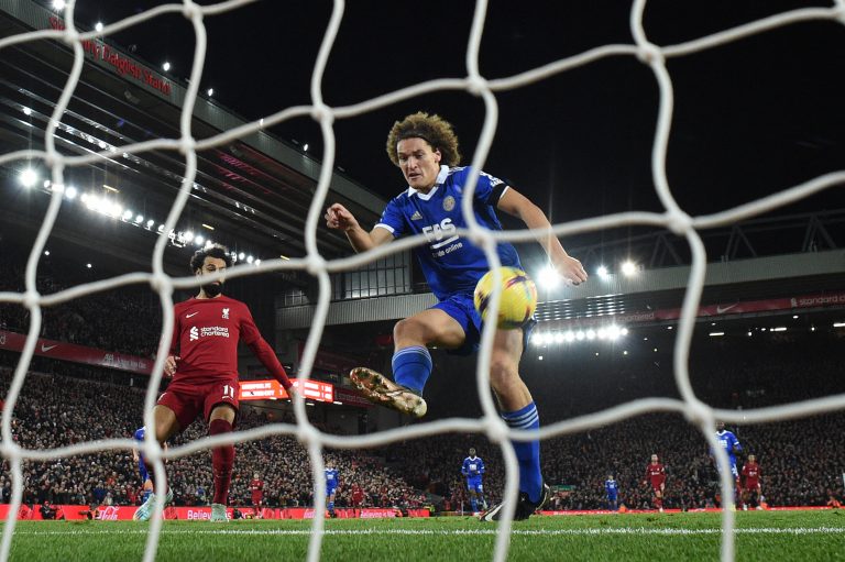Wout Faes scores an own goal during Liverpool vs Leicester City in December 2022. (Photo by OLI SCARFF/AFP via Getty Images)