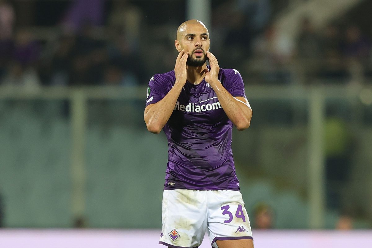 Sofyan Amrabat of ACF Fiorentina reacts during the UEFA Europa Conference League group A match between ACF Fiorentina and Istanbul Basaksehir at Stadio Artemio Franchi on October 27, 2022 in Florence, Italy