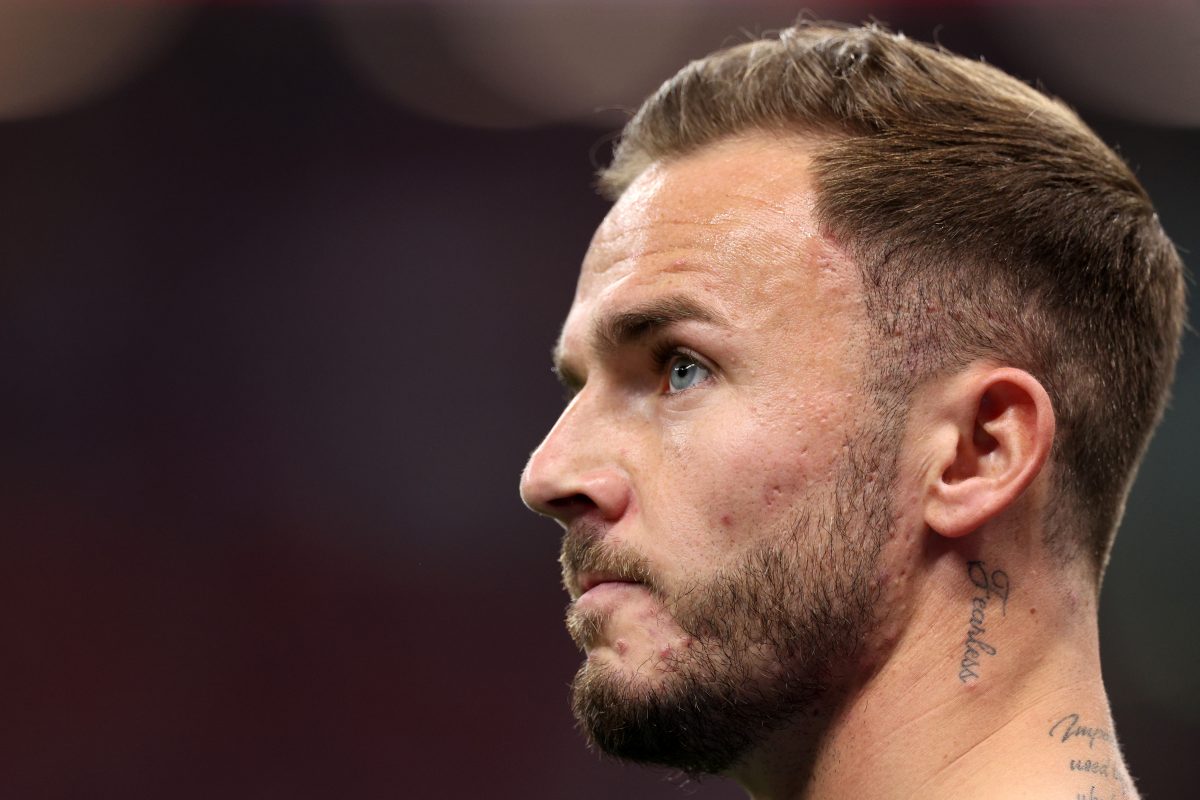 James Maddison of England warms up prior to the FIFA World Cup Qatar 2022 quarter final match between England and France at Al Bayt Stadium on December 10, 2022 in Al Khor, Qatar.